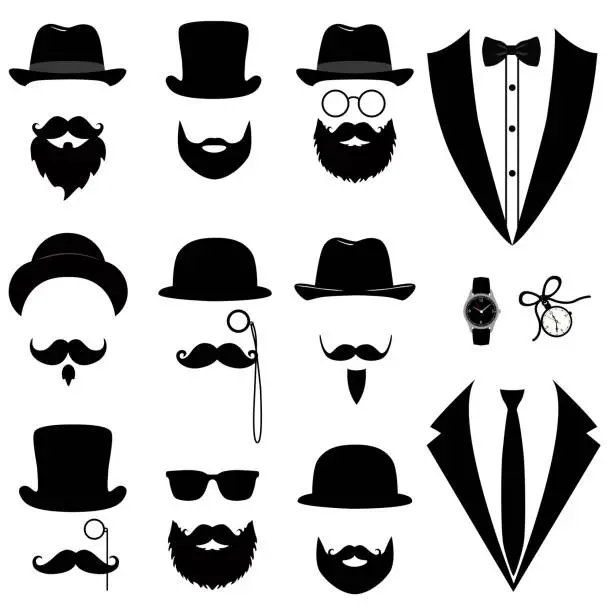 Vector illustration of Men's tuxedo. Mustache, glasses, beard, pipe and top hat.