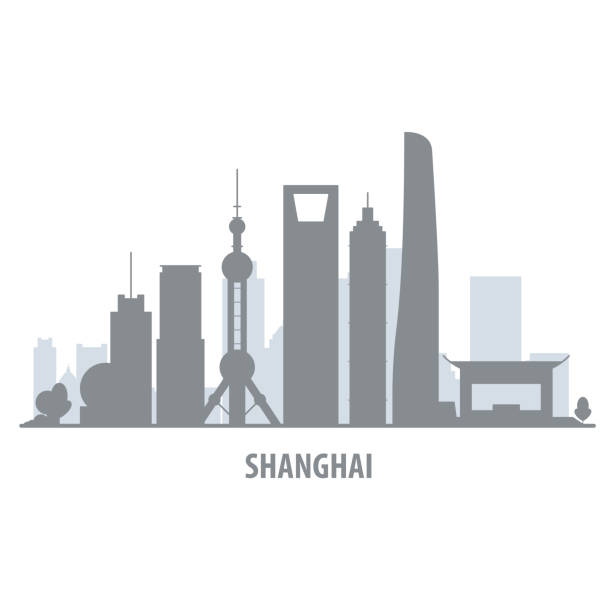 panoramę szanghaju - sylwetka pejzażu miasta z atrakcjami - huangpu district stock illustrations