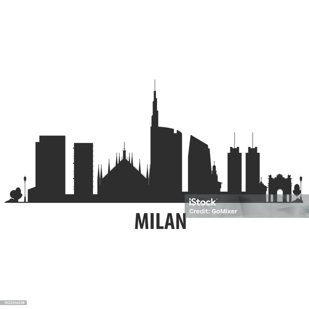 Skyline della città di Milano - silhouette del paesaggio urbano con punti di riferimento - arte vettoriale royalty-free di Milano