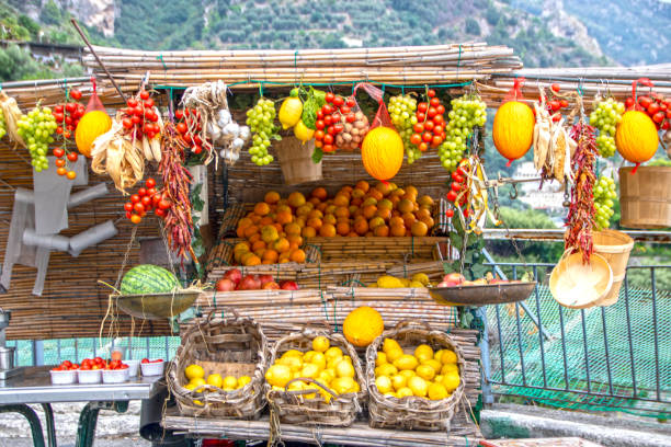 roadside fruit stand roadside fruitstand on Amalfi coast, with local fruits and vegetables amalfi food stock pictures, royalty-free photos & images