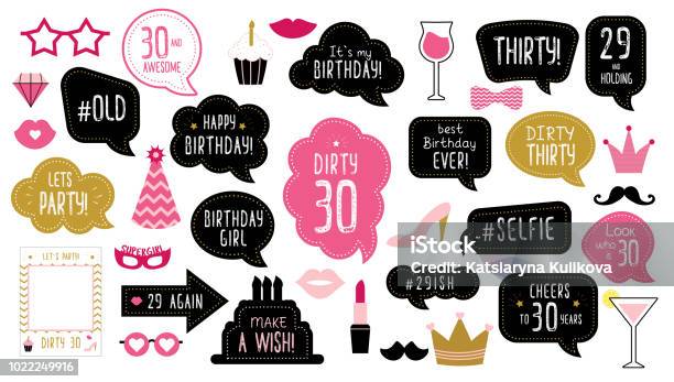 30th Thirty Birthday Photo Booth Props Set Stock Illustration - Download Image Now - Birthday, Prop, Photo Booth