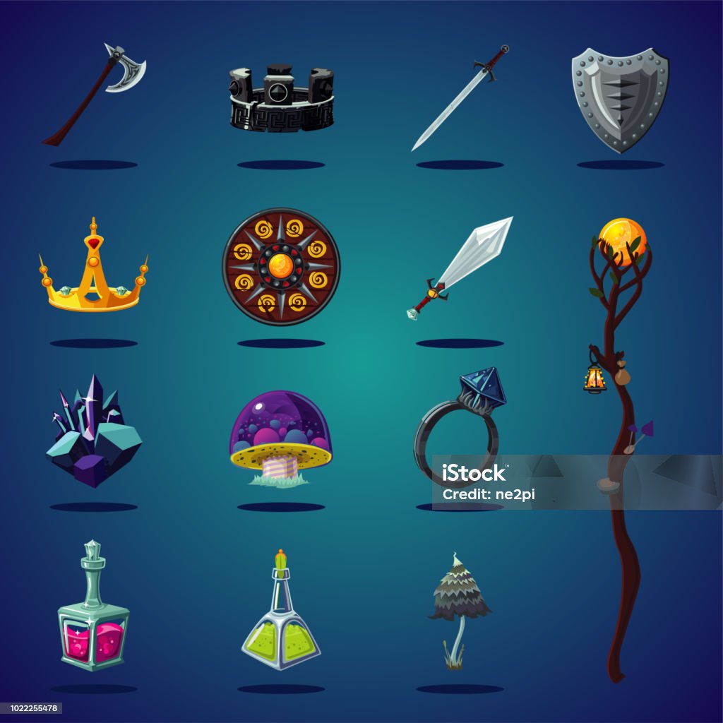 Legendary asset. Set of magic items and resource for computer fantasy game. Isolated cartoon icons set. Set of magic items and resource for computer fantasy game. Legendary asset. Isolated cartoon icons set. Leisure Games stock vector