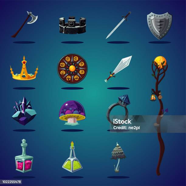 Legendary Asset Set Of Magic Items And Resource For Computer Fantasy Game Isolated Cartoon Icons Set Stock Illustration - Download Image Now