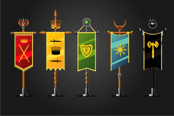 średniowieczny zestaw flag z kreskówek. kolekcja ikon projektowania gier insignia. koncepcja fantasy, - arsenal stock illustrations
