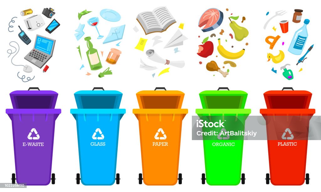 Recycling garbage elements. Bag or containers or cans for different trashes. Sorting and Utilize food waste. Ecology symbol. Segregation Separation and Industry management concept. disposal refuse bin Recycling garbage elements. Bag or containers or cans for different trashes. Sorting and Utilize food waste. Ecology symbol Segregation Separation and Industry management concept. disposal refuse bin Basket stock vector