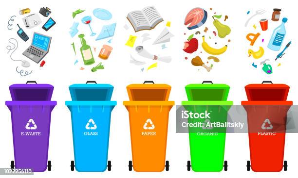 Recycling Garbage Elements Bag Or Containers Or Cans For Different Trashes Sorting And Utilize Food Waste Ecology Symbol Segregation Separation And Industry Management Concept Disposal Refuse Bin Stock Illustration - Download Image Now