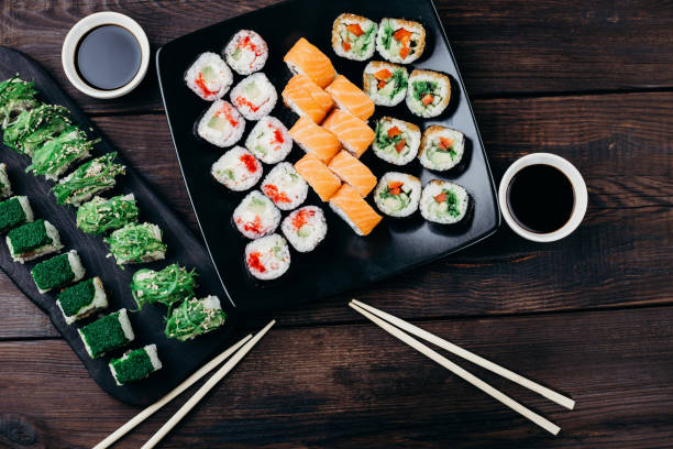 istock Variety of Japanese sushi rolls, flat lay 1022256130