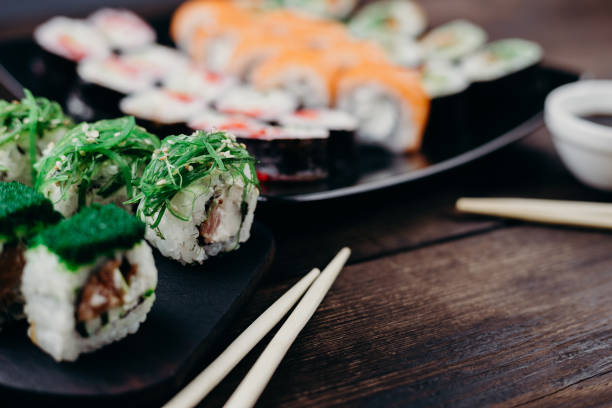 istock Japanese sushi rolls set on plate, selective focus 1022256134