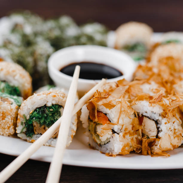 istock Japanese sushi plate with sauce and chopsticks 1022256146