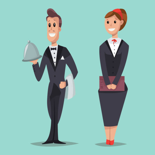 Waitress with a menu and a waiter with a tray. Vector cartoon character of male and female servant. Service staff for hotels, restaurants, etc. in women's classic suit and a man's tailcoat. Waiter and waitress vector cartoon flat character. butler stock illustrations