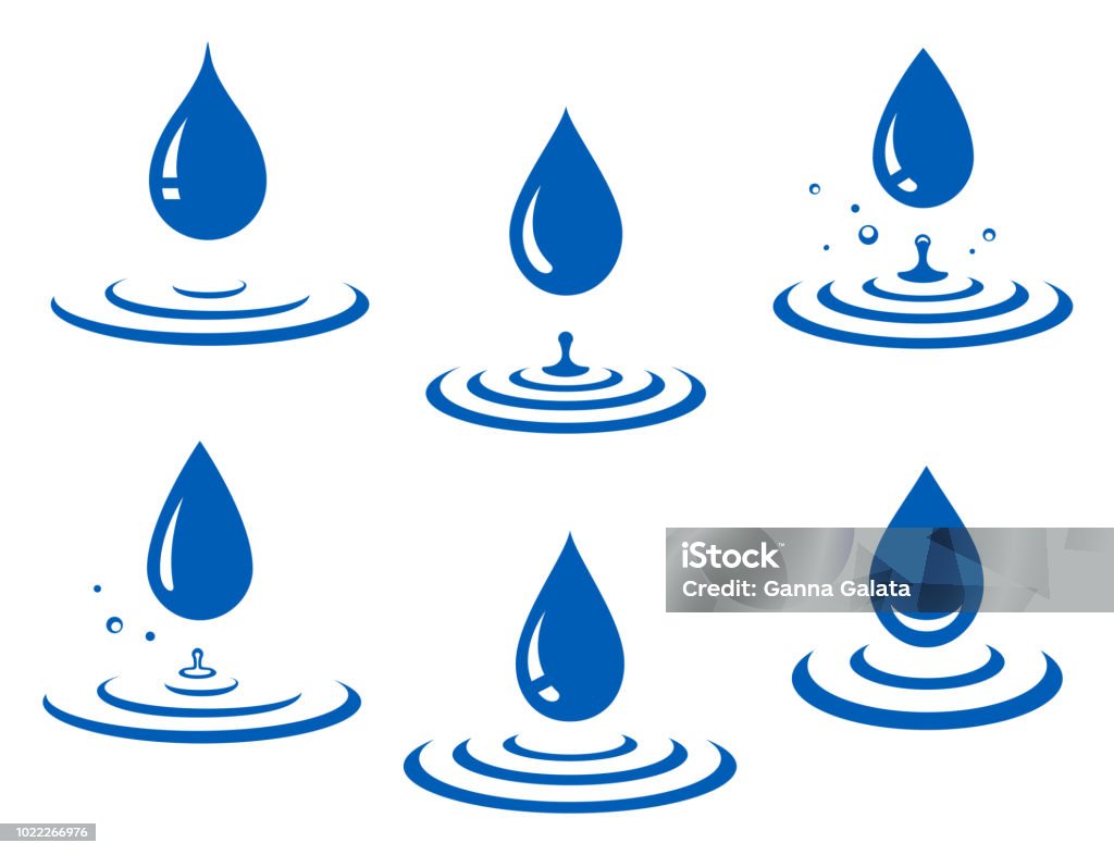 set of blue water drop icons and splash set of abstract blue falling water drop icons and splash Water stock vector