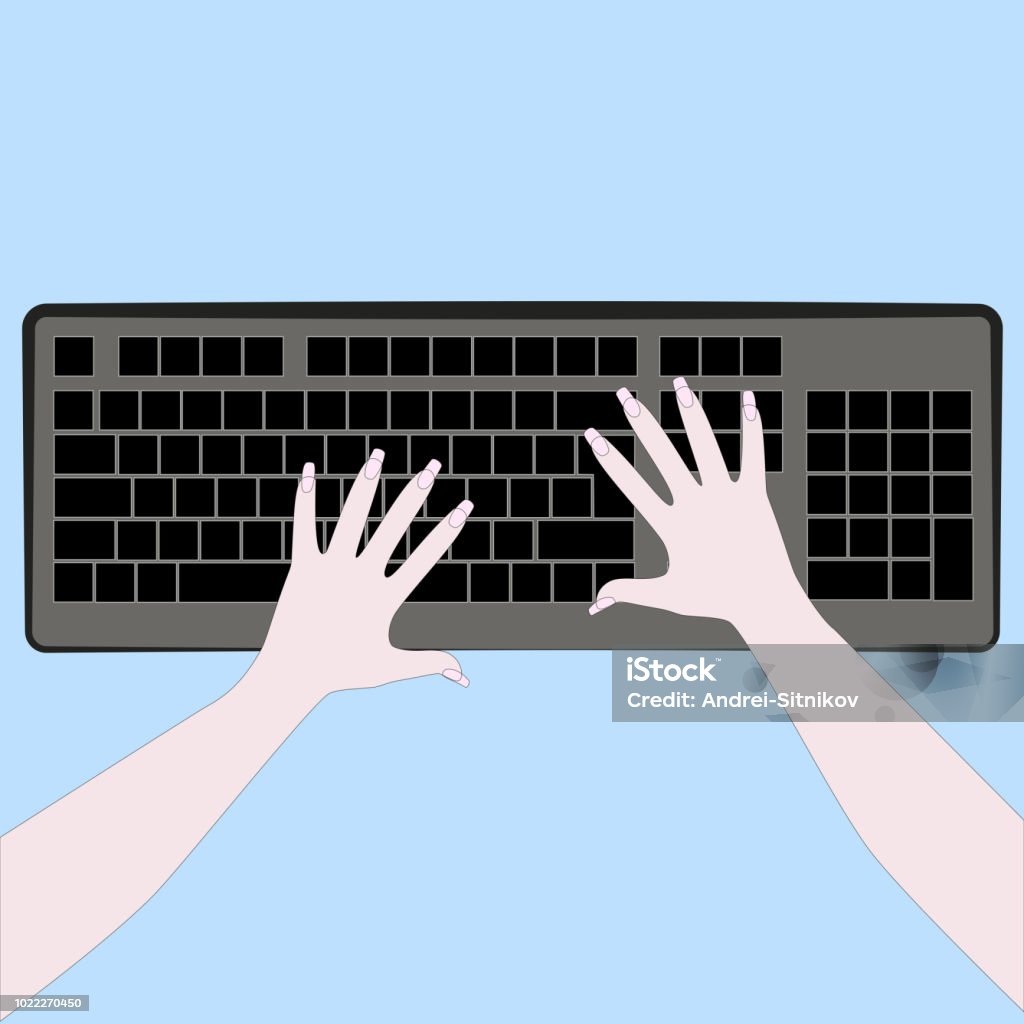 Computer-Tastatur und weibliche Hände. - Lizenzfrei Blau Vektorgrafik