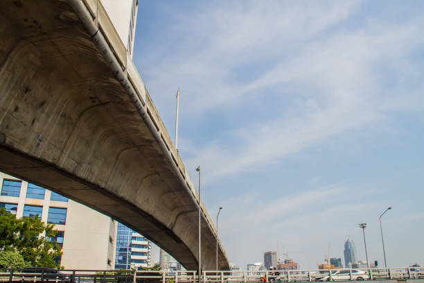 istock Sky train bridge structure with beam and girder under blue sky background. Railway and tollway in the city with blue sky background. Public area in Bangkok, Thailand. 1022270842