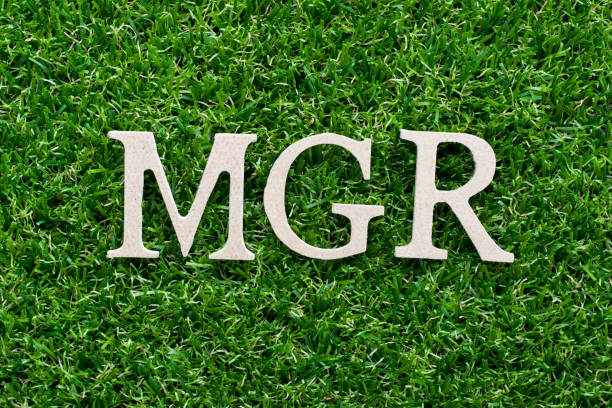istock Wood alphabet in word mgr (abbreviation of manager) on artificial green grass background 1022278316