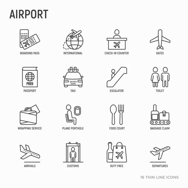Airport thin line icons set: check-in counter, gates, boarding pass, escalator, toilet, food court, baggage claim, wrapping service, duty free, customs. Vector illustration. Airport thin line icons set: check-in counter, gates, boarding pass, escalator, toilet, food court, baggage claim, wrapping service, duty free, customs. Vector illustration. duty free stock illustrations