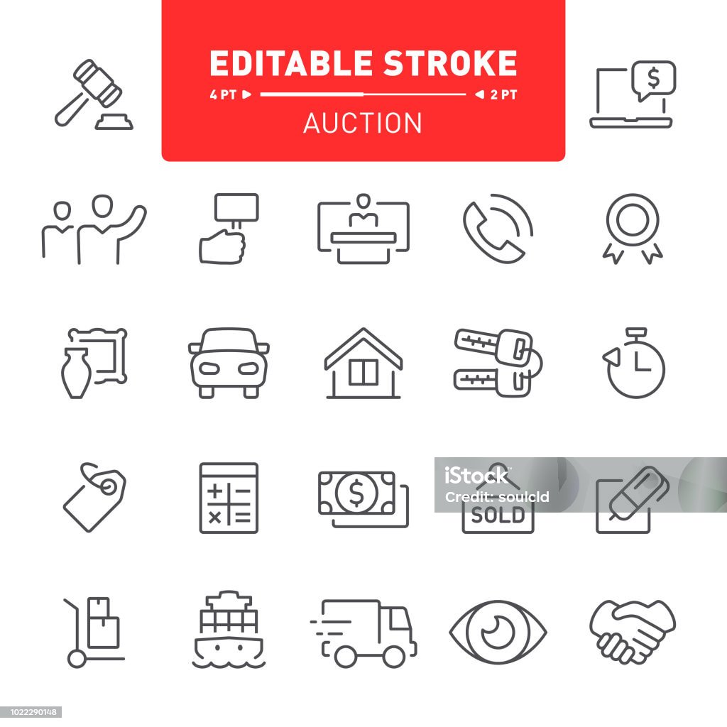 Auction Icons Auction, bid, icon, icon set, auctioneer, merchandising, deal, handshake, outline, editable stroke Icon Symbol stock vector