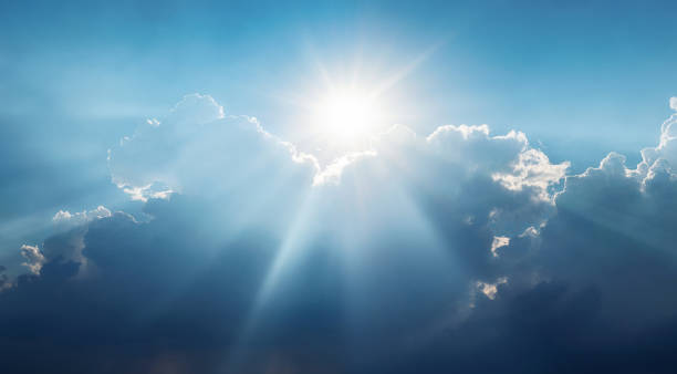 istock Panoramic view of clouds and sun with beautiful rays against the sky. 1022300904