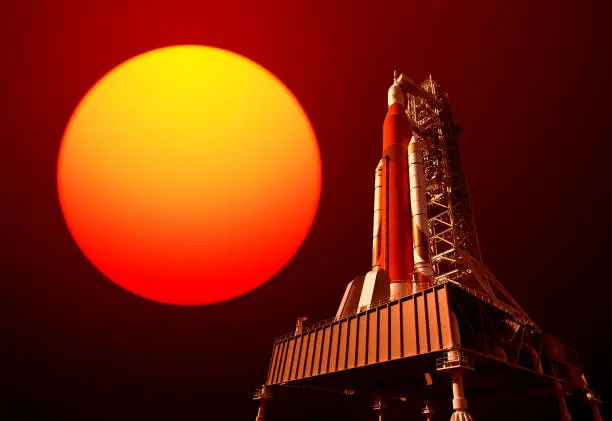 Space Launch System On Launchpad And Red Sun. 3D Illustration.