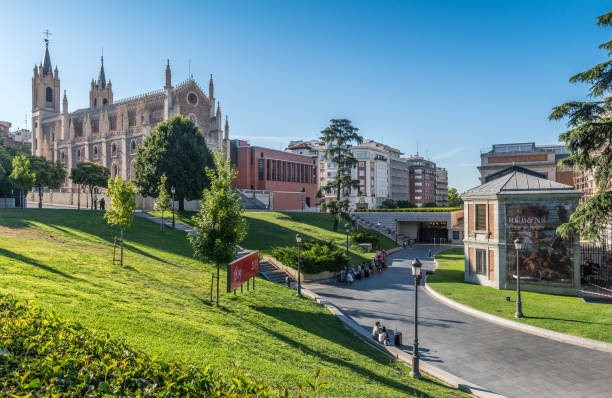 Prado Museum Madrid, Spain - July 29, 2018: Early morning at Prado Museum entrance and surroundings. Established in 1819, the museum is considered the best collection of Spanish art and one of the world's finest collections of European art. museo del prado stock pictures, royalty-free photos & images
