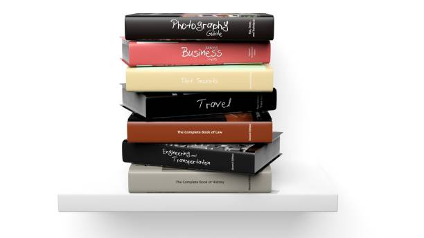 istock Stack of books with various subjects on wall shelf, isolated on white background. 1022301614