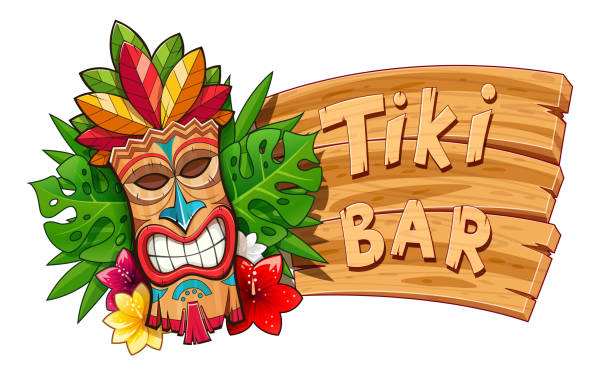 illustrazioni stock, clip art, cartoni animati e icone di tendenza di maschera di legno tribale tiki. carattere tradizionale hawaiano - tropical climate polynesia flower pacific islands