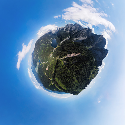 Spherical aerial panorama of Dachstein and Gosausee, Austria