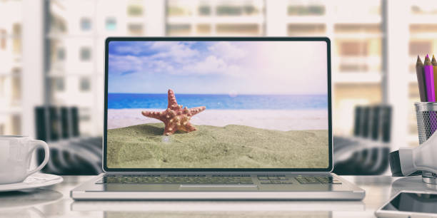 istock Summer vacation concept. Laptop in an office. 3d illustration 1022308860
