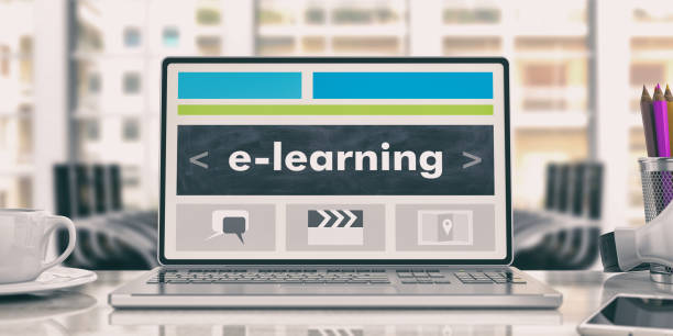 istock E- learning concept. Laptop in an office. 3d illustration 1022309012