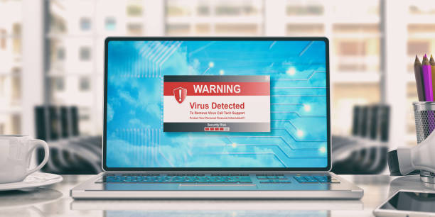 messaggio rilevato dal virus sul laptop in un ufficio. illustrazione 3d - spam computer hacker computer keyboard e mail foto e immagini stock