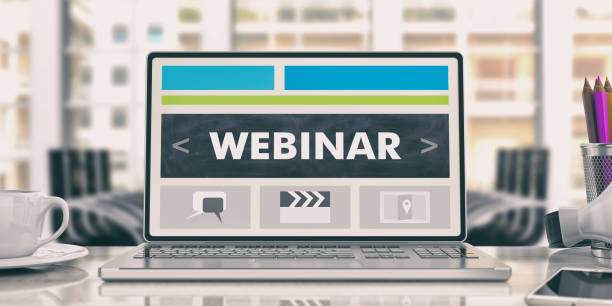 Webinar concept. Laptop in an office. 3d illustration