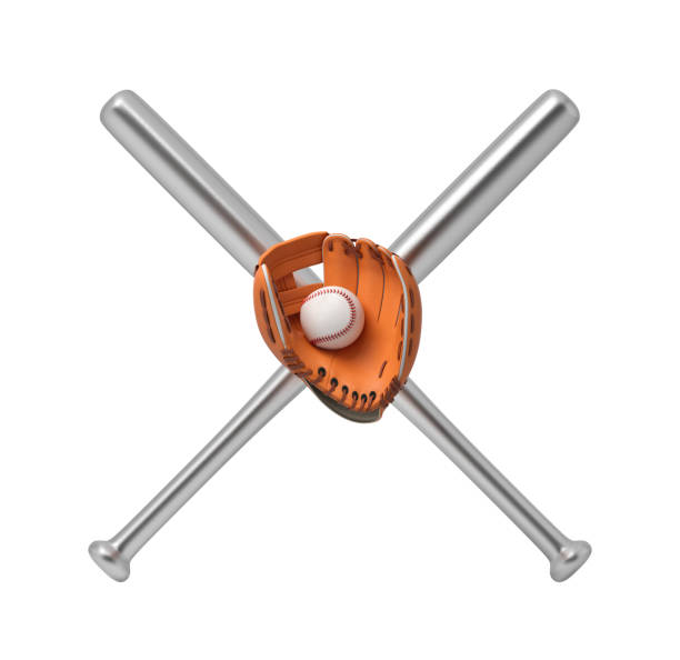 istock 3d rendering of two steel baseball bats making a cross with a baseball lying inside an orange glove 1022312854