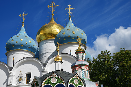 Assumption Cathedral in The Trinity Lavra of St. Sergius. The most important Russian monastery and the spiritual centre of the Russian Orthodox Church in the town of Sergiyev Posad