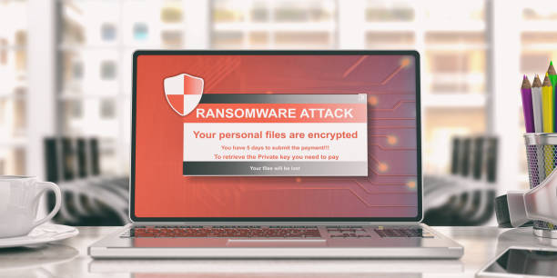 Ransomware alert on a laptop screen. 3d illustration Ransomware alert on a laptop screen - office background. 3d illustration ransomware photos stock pictures, royalty-free photos & images