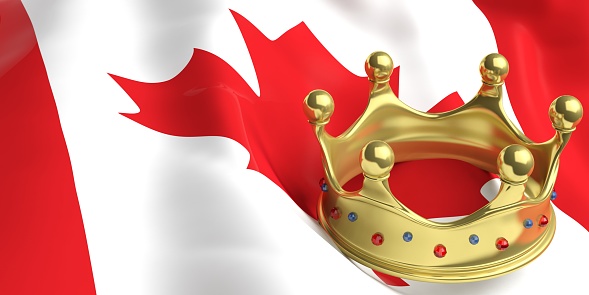 Monarchy of Canada. Golden crown on Canada flag background. 3d illustration
