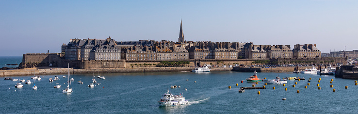 Panoramic view of the walled city and port of Saint Malo on the Channel coast in Brittany, northwest France.