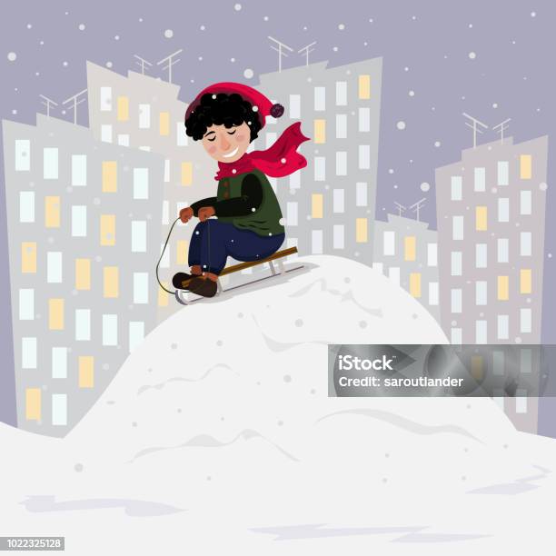 Winter Weihnachten Kollektion Ein Junge Reitet Eine Rodelbahn Von Einem Hügel Aus Stock Vektor Art und mehr Bilder von Außenaufnahme von Gebäuden