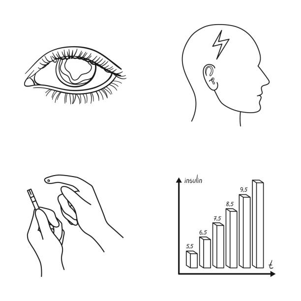 illustrations, cliparts, dessins animés et icônes de mauvaise vision, maux de tête, test de glucose, dépendance à l’insuline. diabétique figurant icônes collection contour style vecteur symbole stock illustration web. - eyes narrowed