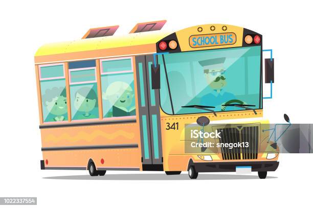 Cute Yellow School Bus With A Mustached Driver Children On Board Talk And Study Stock Illustration - Download Image Now