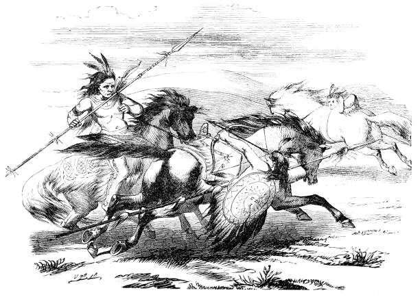коренные американцы apaches верхом на лошадях борьбы 1870 - chief sitting bull stock illustrations