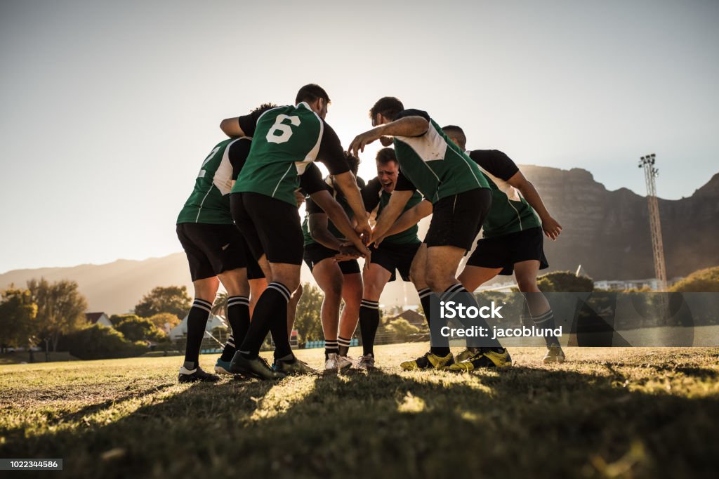 Jugadores de rugby que anima y celebrando la victoria - Foto de stock de Rugby - Deporte libre de derechos