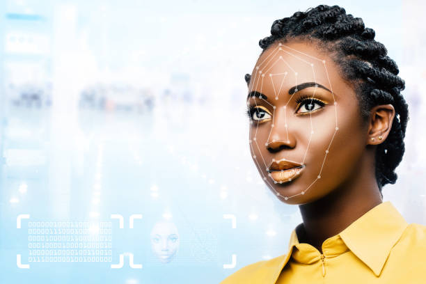 概念の顔認識スキャンで女性アフリカ顔。 - african mask ストックフォトと画像