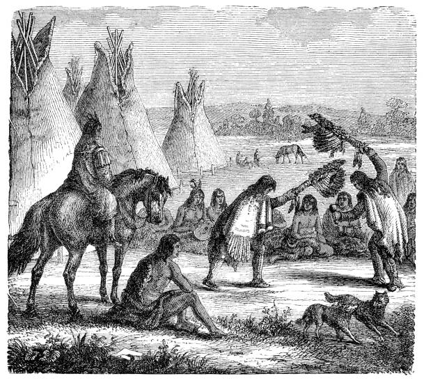 ilustraciones, imágenes clip art, dibujos animados e iconos de stock de chamán de apaches nativos americanos bailando la danza de la lluvia 1876 - chief sitting bull