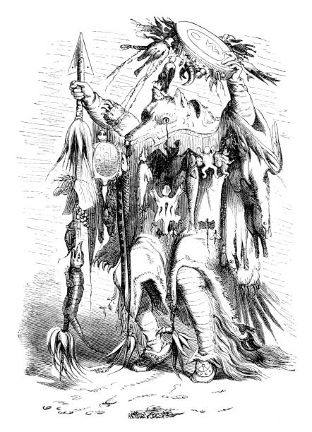 ilustraciones, imágenes clip art, dibujos animados e iconos de stock de chamán de apaches nativos americanos bailando la danza de la lluvia 1876 - chief sitting bull