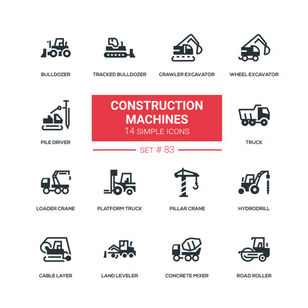 ilustraciones, imágenes clip art, dibujos animados e iconos de stock de máquinas de construcción - conjunto de iconos de estilo de diseño plano - construction machinery machine industrial equipment grader