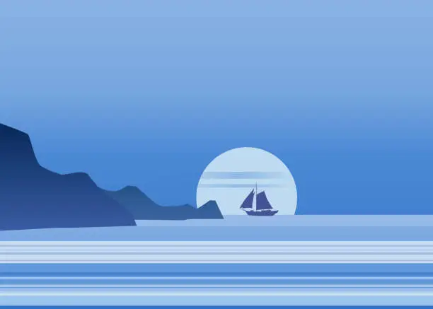 Vector illustration of Night moonlight sailboat on blue sea ocean horizon, vector background, rock, sailing illustration, vector, isolared