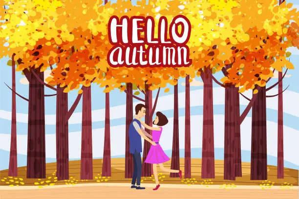 Vector illustration of Hello autumn, Autumn alley, couple guy and girl characters met the path in the park, fall, autumn leaves, mood, lettering, color, vector, illustration, cartoon style, isolated