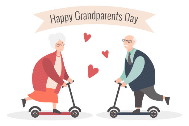 ilustrações de stock, clip art, desenhos animados e ícones de happy grandparents day. vector cartoon illustration. grandpa and grandma. elderly couple. old woman and old man on the scooter. - grandparent