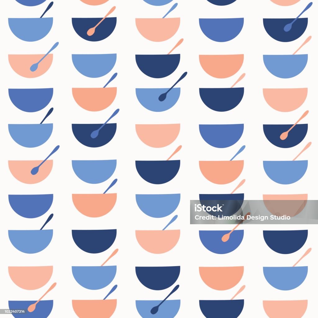 Cereal Soup Bowl Vector Pattern Blue Orange Cereal Soup Bowl Vector Pattern Seamless, Hand Drawn Spoon Dish llustration for Healthy Breakfast Menus, Kitchen Textiles, Restaurant Tableware Decor, Baby Food Blog Background, Silhouette Blue Orange Mixing Bowl stock vector