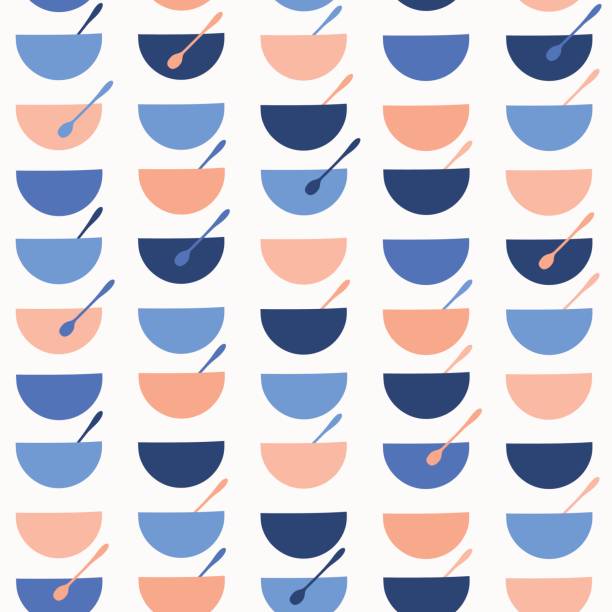 Cereal Soup Bowl Vector Pattern Blue Orange Cereal Soup Bowl Vector Pattern Seamless, Hand Drawn Spoon Dish llustration for Healthy Breakfast Menus, Kitchen Textiles, Restaurant Tableware Decor, Baby Food Blog Background, Silhouette Blue Orange mixing bowl icon stock illustrations