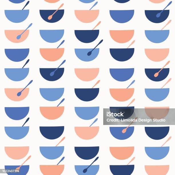 Cereal Soup Bowl Vector Pattern Blue Orange Stock Illustration - Download Image Now - Mixing Bowl, Soup, Spoon